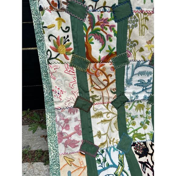 Vintage Kashmiri Handmade Quilt Green Size 57" x 76" Twin Throw Heriloom Ehtnic - Picture 3 of 10